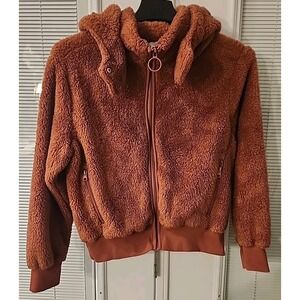 Olivia Sky Sherpa‎ Bomber Zip Up W/Detachable Hood Jacket Copper Women Medium